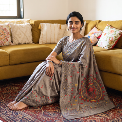Brown Hand Embroidered Silk Saree, draped and worn by a woman, AI visual of the saree, iTokri
