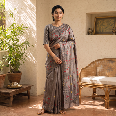Brown Hand Embroidered Silk Saree, draped and worn by a woman, AI visual of the saree, iTokri