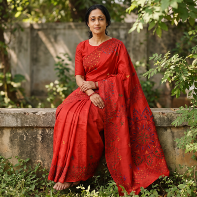 Red Hand Embroidered Silk Saree, draped and worn by a woman, AI visual of the saree, iTokri