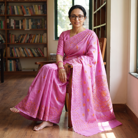 Purple Hand Embroidered Silk Saree, draped and worn by a woman, AI visual of the saree, iTokri