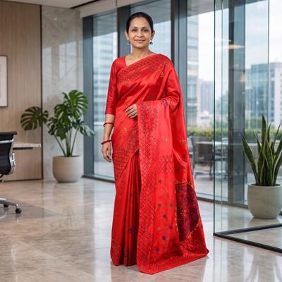 Red Hand Embroidered Silk Saree, draped and worn by a woman, AI visual of the saree, iTokri