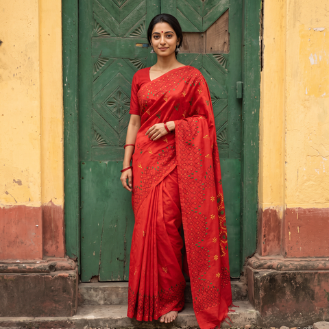 Red Hand Embroidered Silk Saree, draped and worn by a woman, AI visual of the saree, iTokri