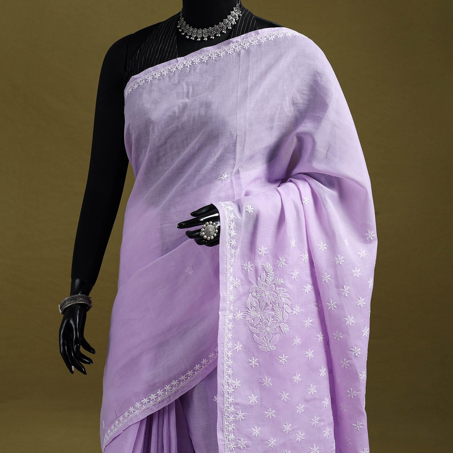 Hand embroidered terivoile cotton lucknow chikan saree 01