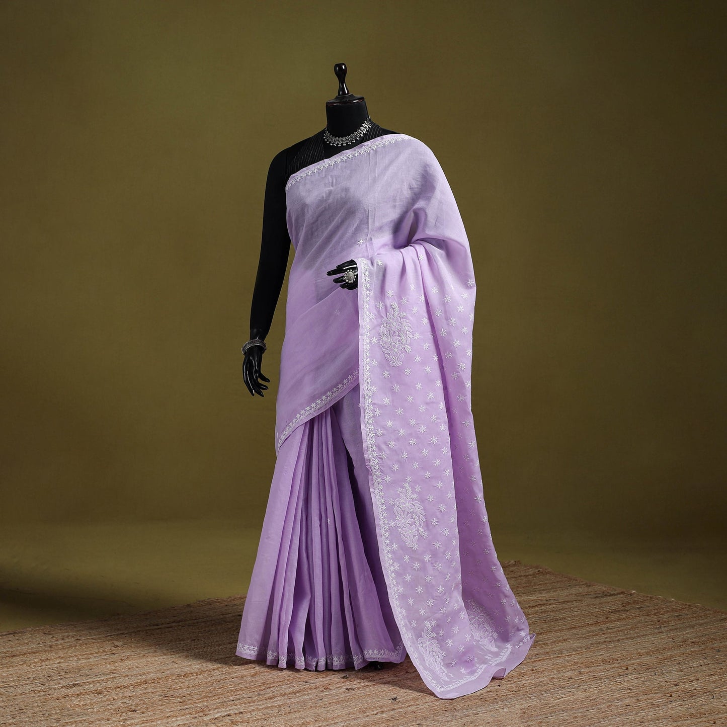 Hand embroidered terivoile cotton lucknow chikan saree 01