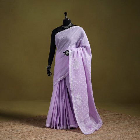 Hand embroidered terivoile cotton lucknow chikan saree 01