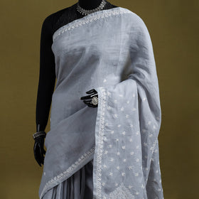 Hand embroidered terivoile cotton lucknow chikan saree 02