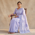 Purple Hand Embroidered Terivoile Cotton Lucknowi Chikankari Saree, draped and worn by a woman, AI visual of the saree, iTokri