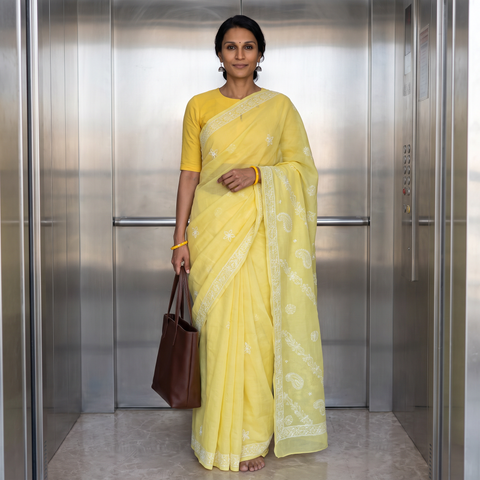 Yellow Hand Embroidered Terivoile Cotton Lucknowi Chikankari Saree, draped and worn by a woman, AI visual of the saree, iTokri