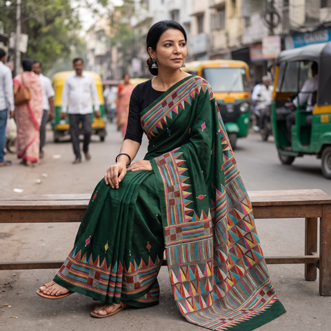 Green Hand Embroidery Bangalore Silk Handloom Bengal Kantha Saree, draped and worn by a woman, AI visual of the saree, iTokri
