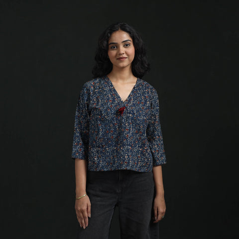 Hand embroidery block print cotton natural dyed ajrakh crop