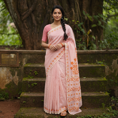 Pink Hand Embroidery Chanderi Silk Kashida Saree with Zari Border, draped and worn by a woman, AI visual of the saree, iTokri