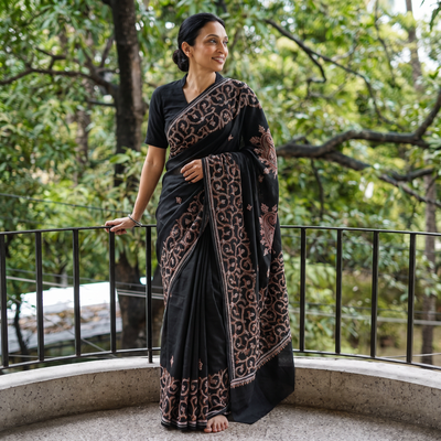 Black Hand Embroidery Chanderi Silk Kashida Saree with Zari Border, draped and worn by a woman, AI visual of the saree, iTokri