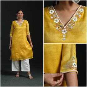 Hand embroidery fine tissue zari straight plain kurta