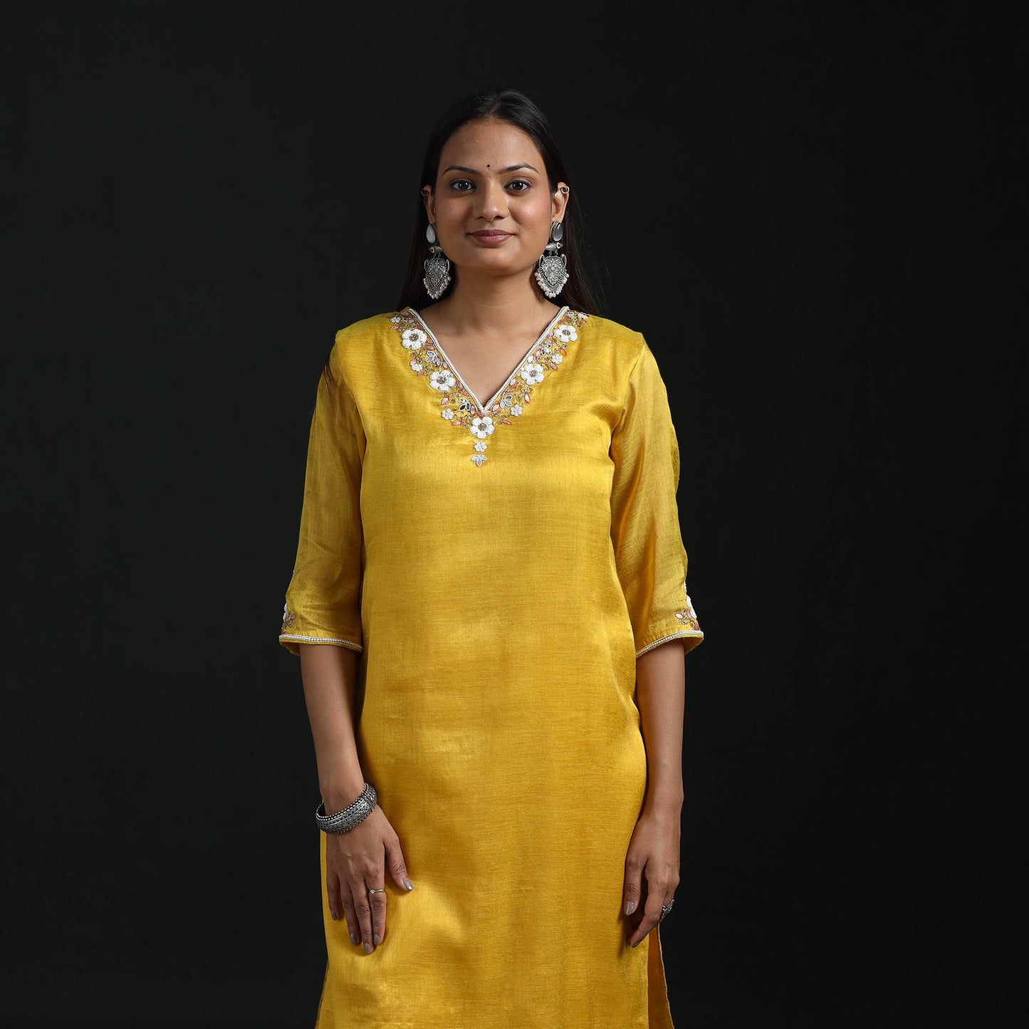 Hand embroidery fine tissue zari straight plain kurta