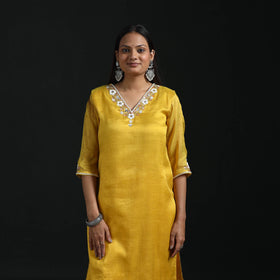 Hand embroidery fine tissue zari straight plain kurta