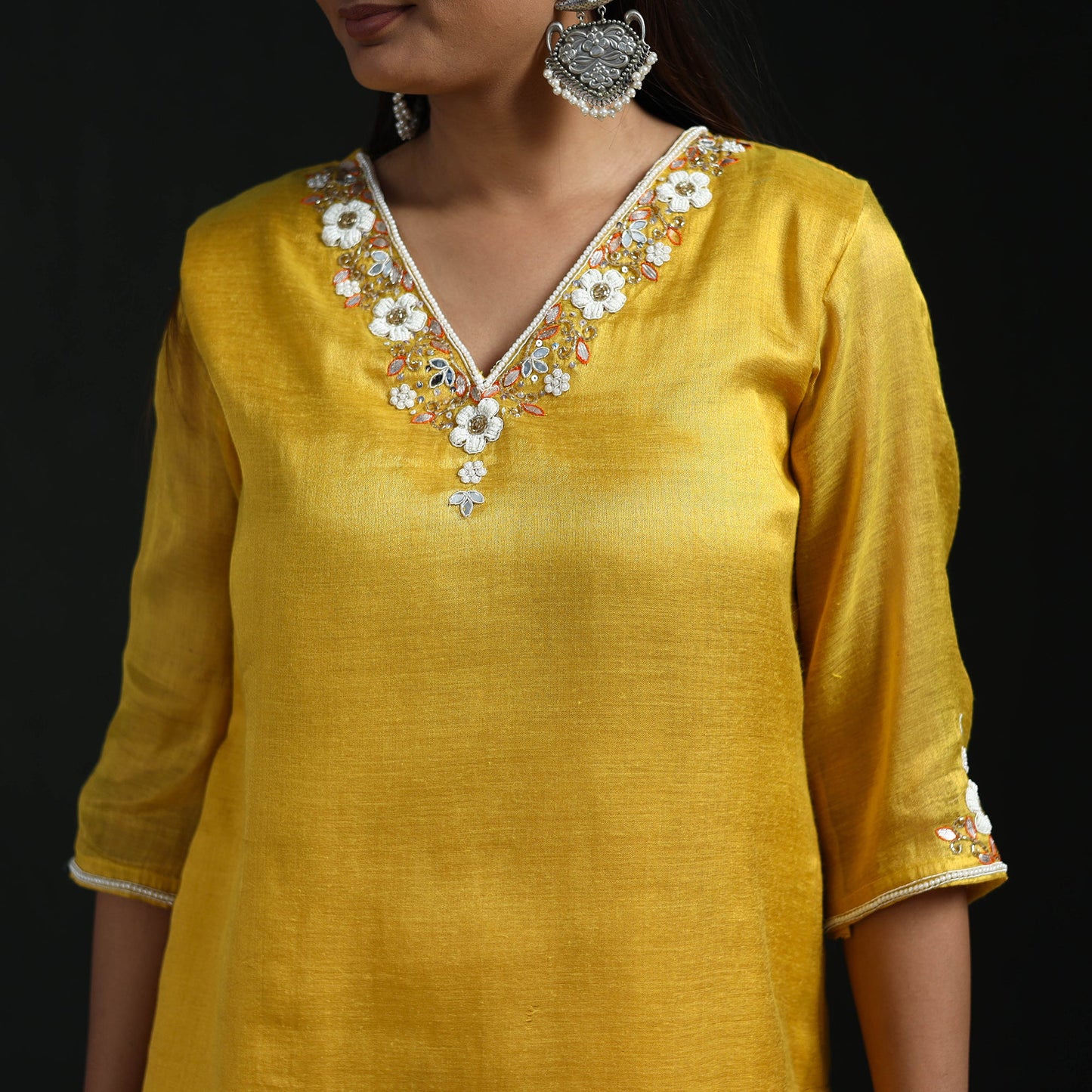 Hand embroidery fine tissue zari straight plain kurta