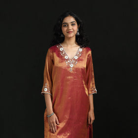 Hand embroidery fine tissue zari straight plain kurta