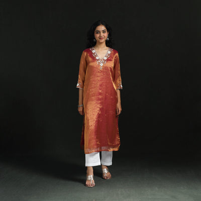 Hand embroidery fine tissue zari straight plain kurta