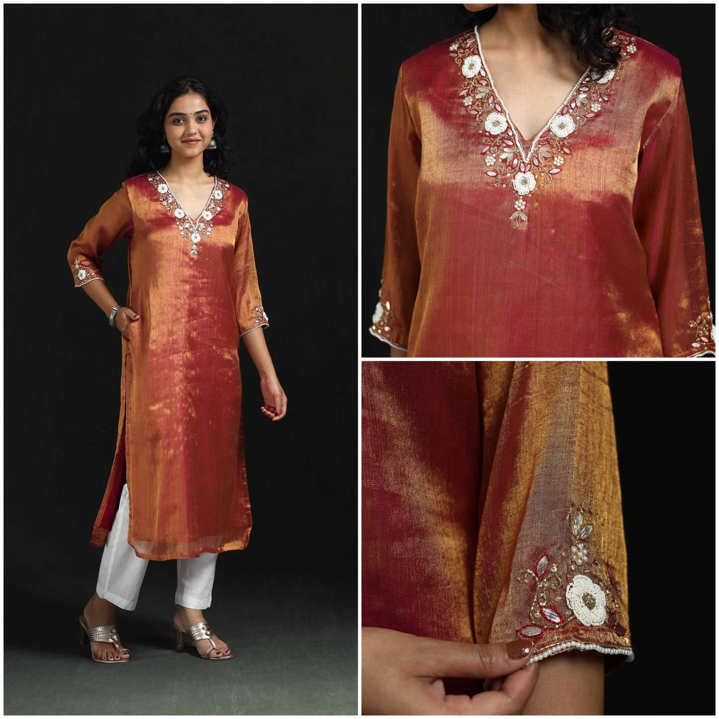 Hand embroidery fine tissue zari straight plain kurta