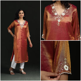 Hand embroidery fine tissue zari straight plain kurta