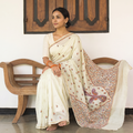 Yellow Hand Embroidery Pure Chanderi Silk Block Printed Kashida Saree, draped and worn by a woman, AI visual of the saree, iTokri