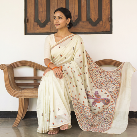 Yellow Hand Embroidery Pure Chanderi Silk Block Printed Kashida Saree, draped and worn by a woman, AI visual of the saree, iTokri