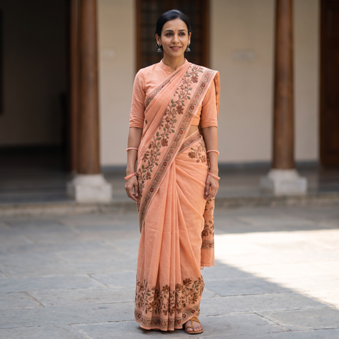 Peach Hand Embroidery Pure Chanderi Silk Block Printed Kashida Saree, draped and worn by a woman, AI visual of the saree, iTokri