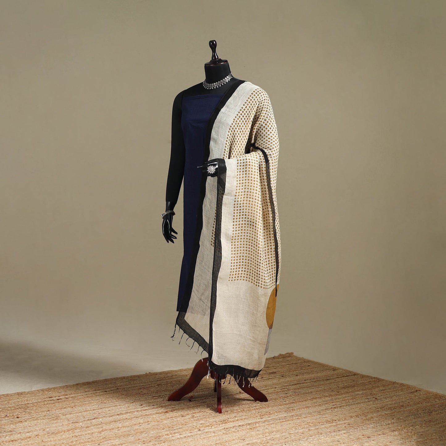 Hand natural dyed linen dupatta with tassels 01