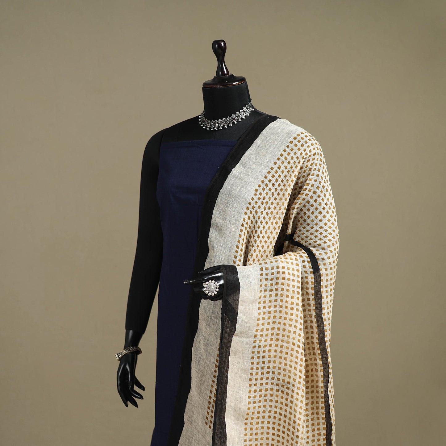 Hand natural dyed linen dupatta with tassels 01