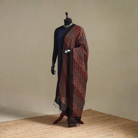 Hand natural dyed linen dupatta with tassels 18