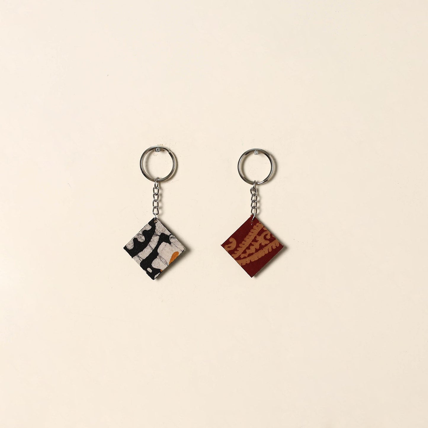 Handcrafted fabric embellished wood keychain (set of 2) 01