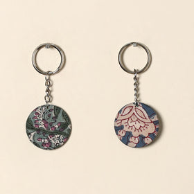 Handcrafted fabric embellished wood keychain (set of 2) 02