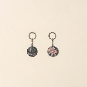 Handcrafted fabric embellished wood keychain (set of 2) 02