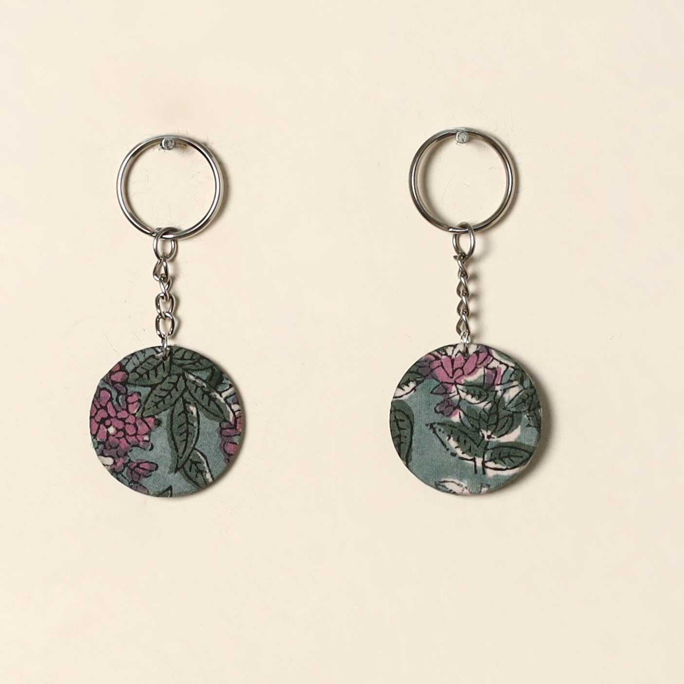 Handcrafted fabric embellished wood keychain (set of 2) 03