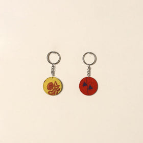 Handcrafted fabric embellished wood keychain (set of 2) 04