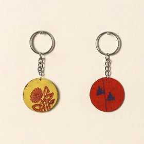Handcrafted fabric embellished wood keychain (set of 2) 04