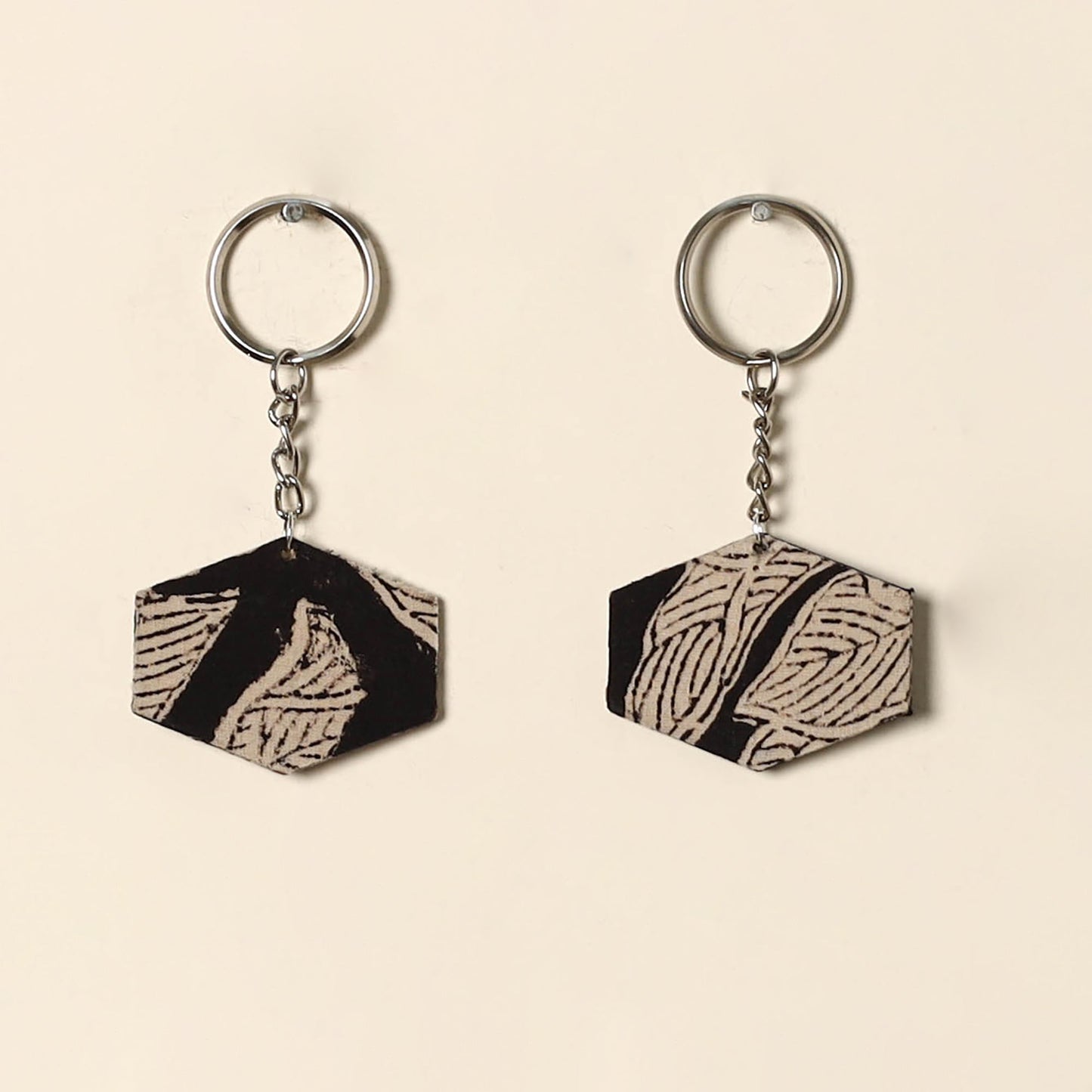 Handcrafted fabric embellished wood keychain (set of 2) 08