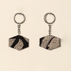 Handcrafted fabric embellished wood keychain (set of 2) 08