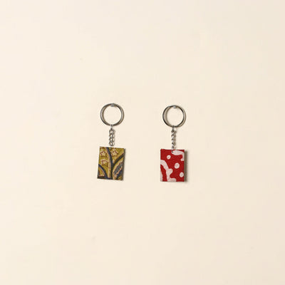 Handcrafted fabric embellished wood keychain (set of 2) 09