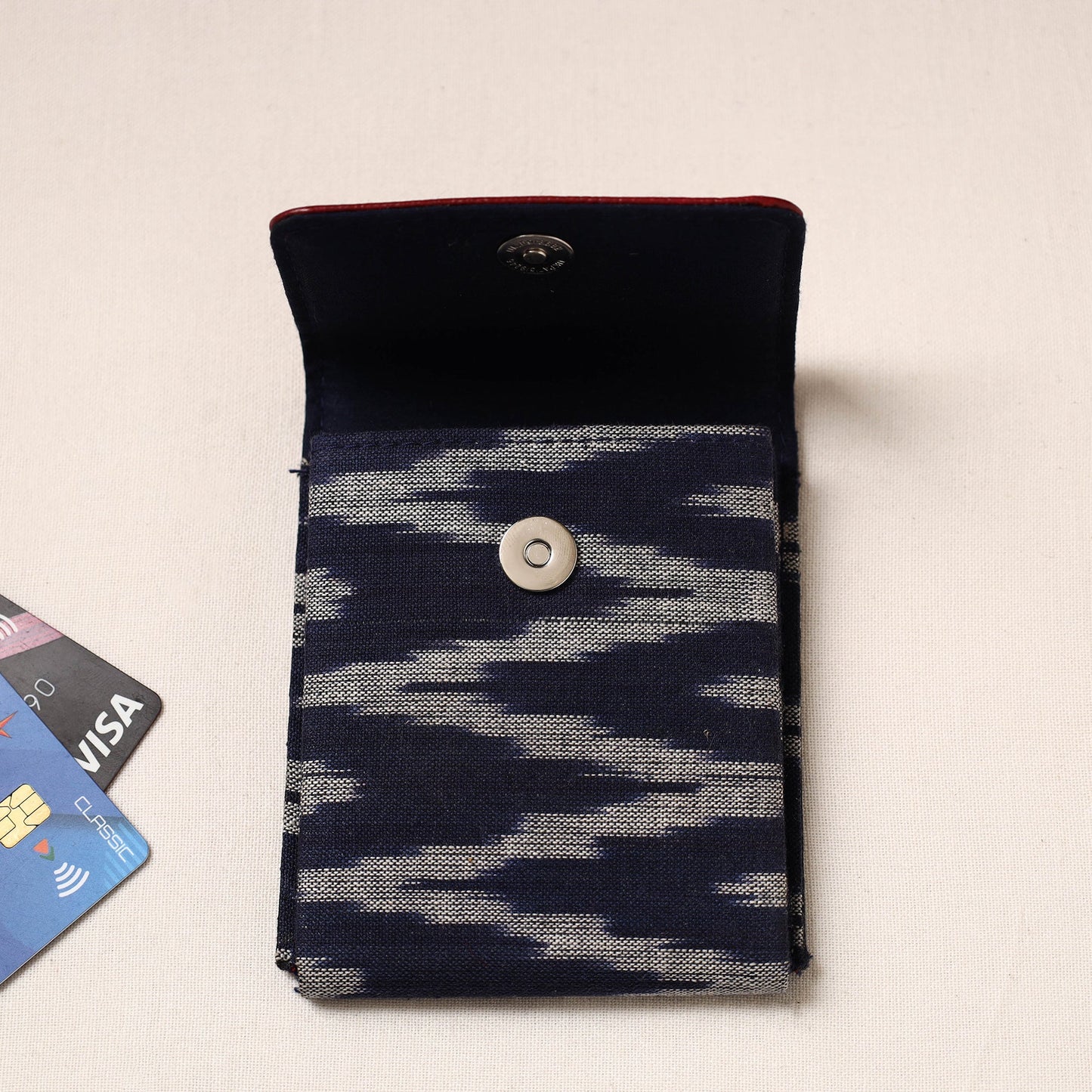 Handcrafted Ikat Fabric Card Holder with Embossed Leather Flap