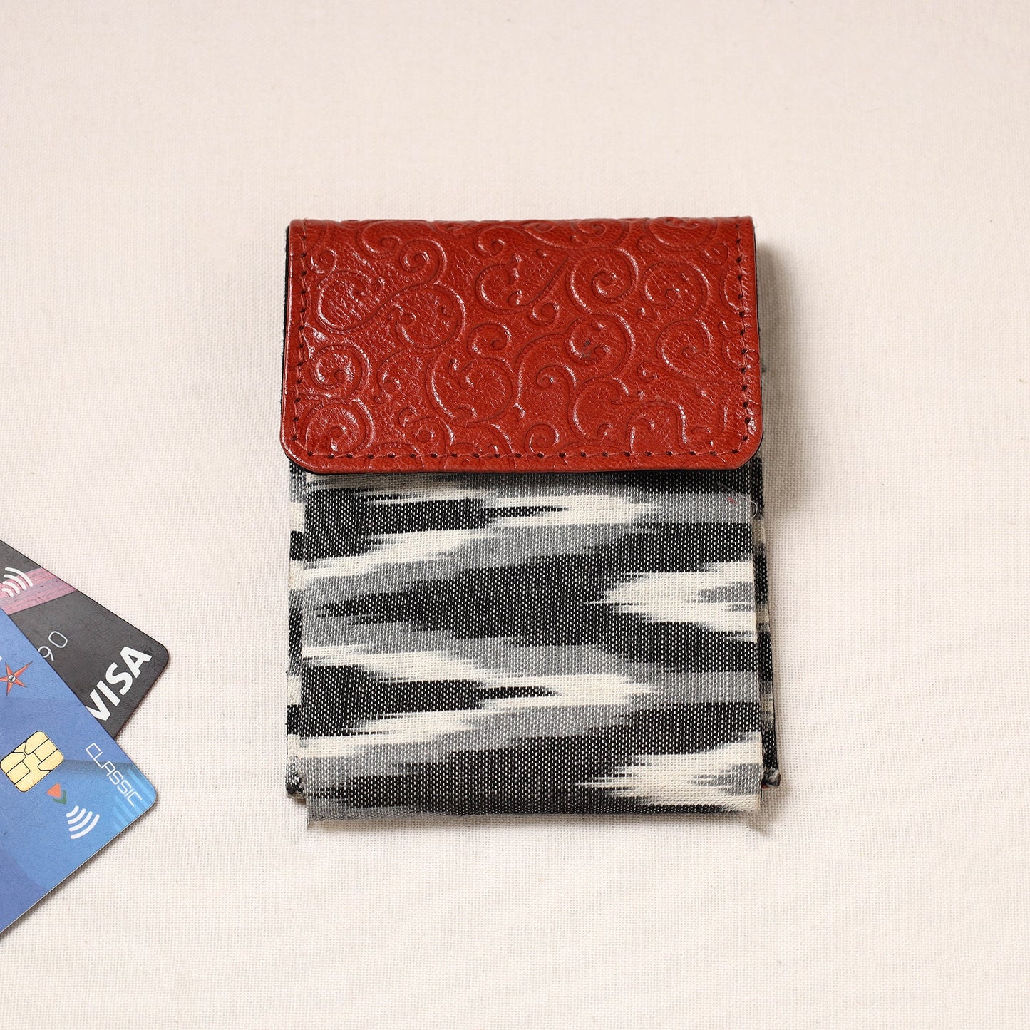  Handcrafted Ikat Fabric Card Holder with Embossed Leather Flap 
