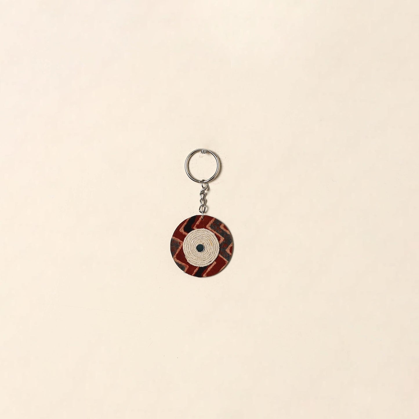 Handcrafted jute fabric embellished wood keychain 18