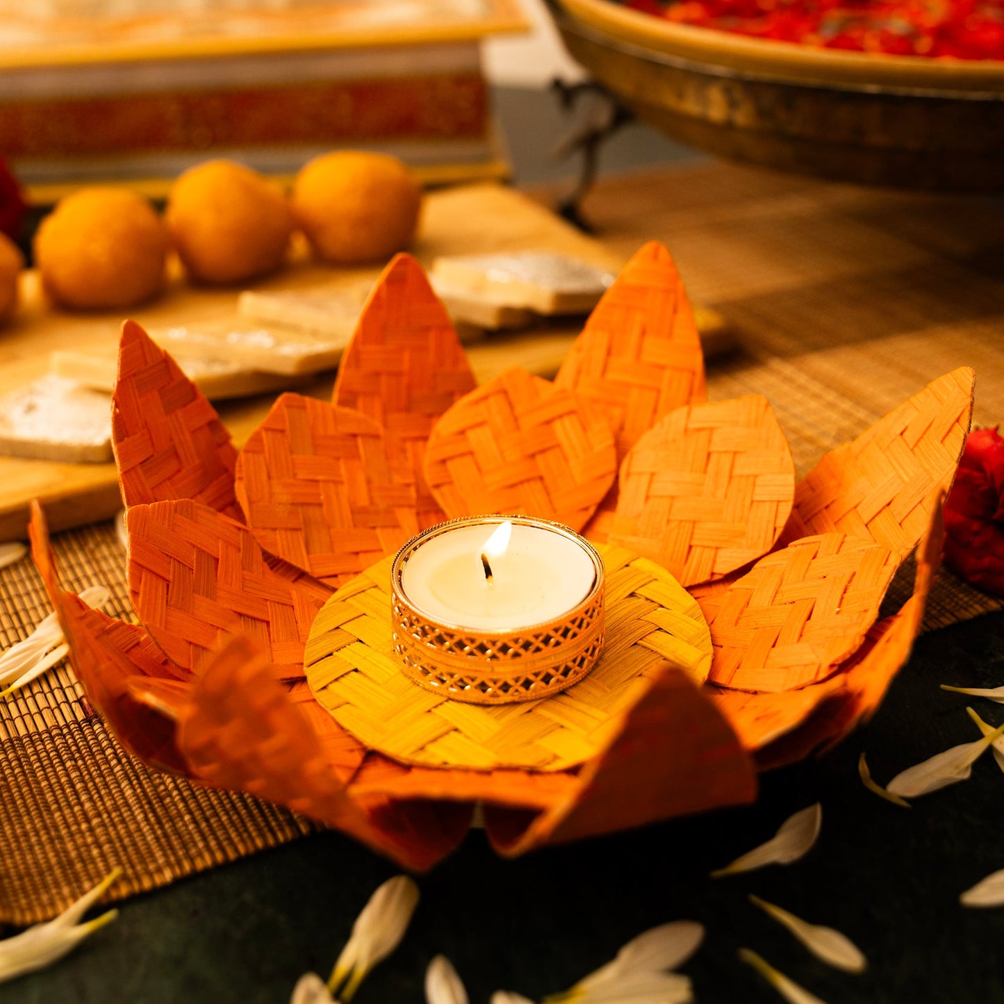Handcrafted lotus bamboo tea light holder