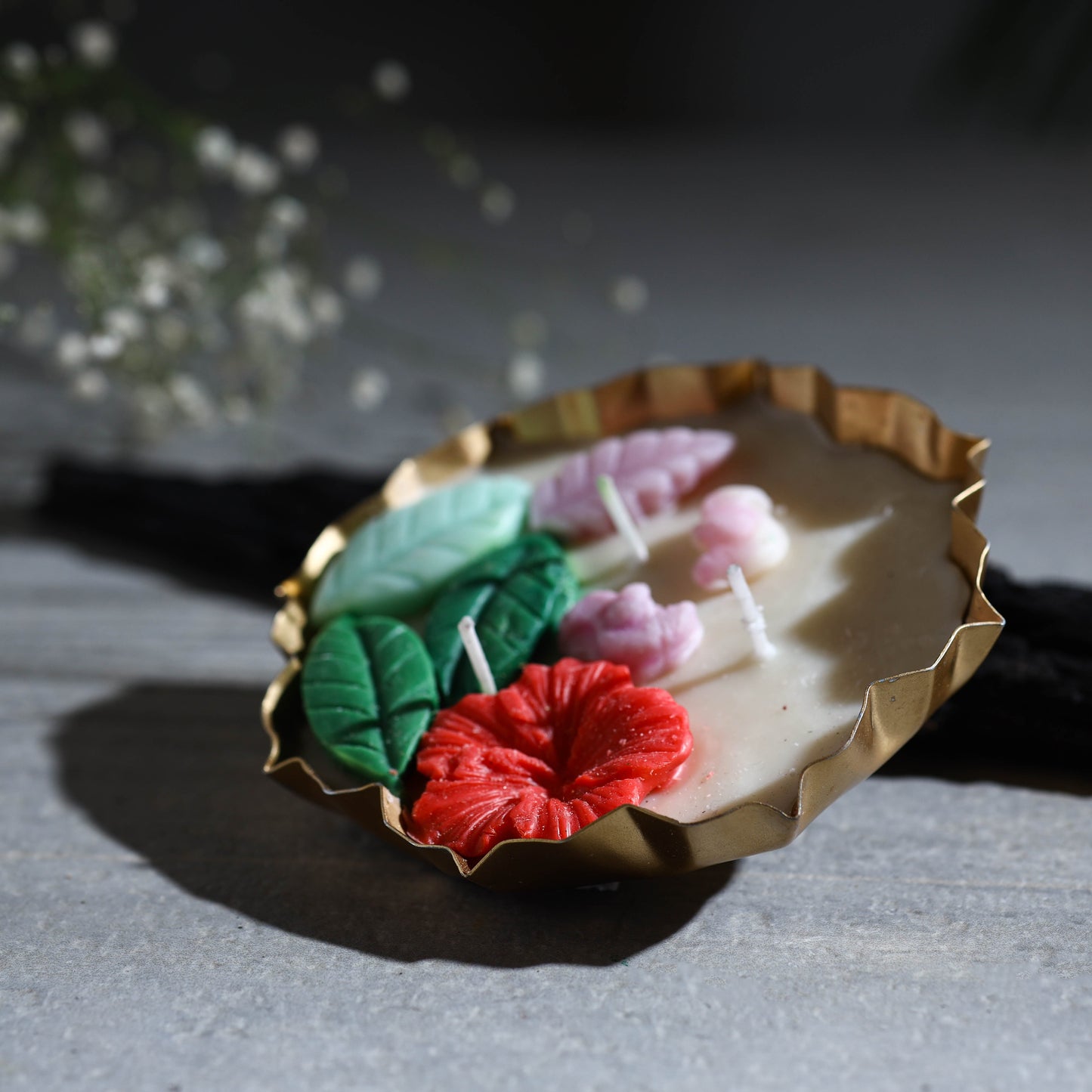 Handcrafted metal urli water lily pond soy wax scented