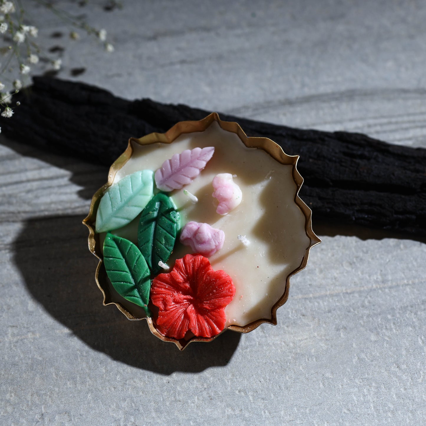 Handcrafted metal urli water lily pond soy wax scented