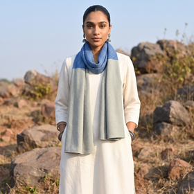 Grey Handcrafted Patchwork Woollen Stole, worn by a woman, AI visual of the stole, iTokri