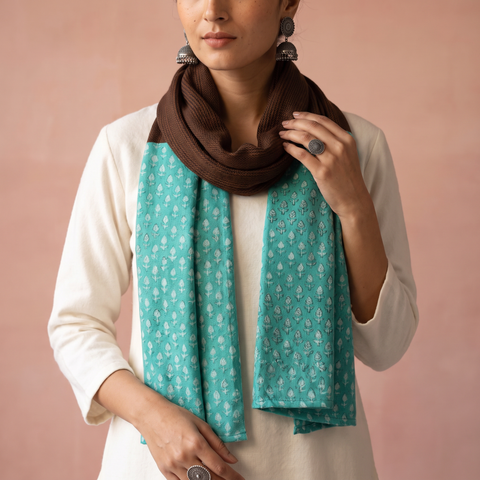 Sea Green Handcrafted Patchwork Woollen Stole, worn by a woman, AI visual of the stole, iTokri