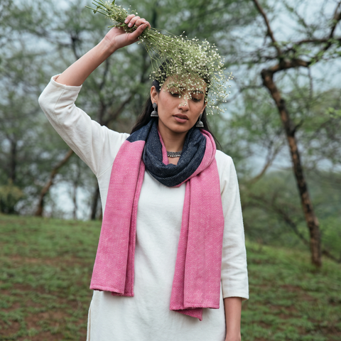 Pink Handcrafted Patchwork Woollen Stole, worn by a woman, AI visual of the stole, iTokri