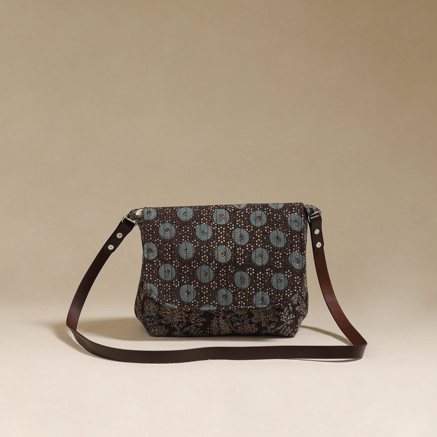 Handcrafted quilted ajrakh block printed fabric sling bag