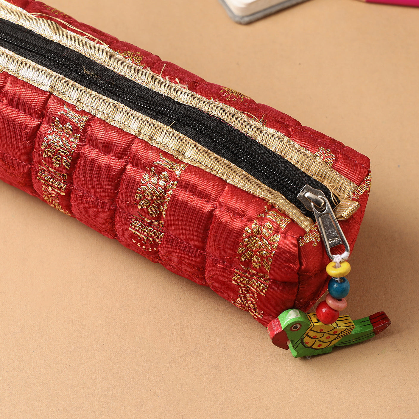 Handcrafted Quilted Banarasi Pencil Pouch